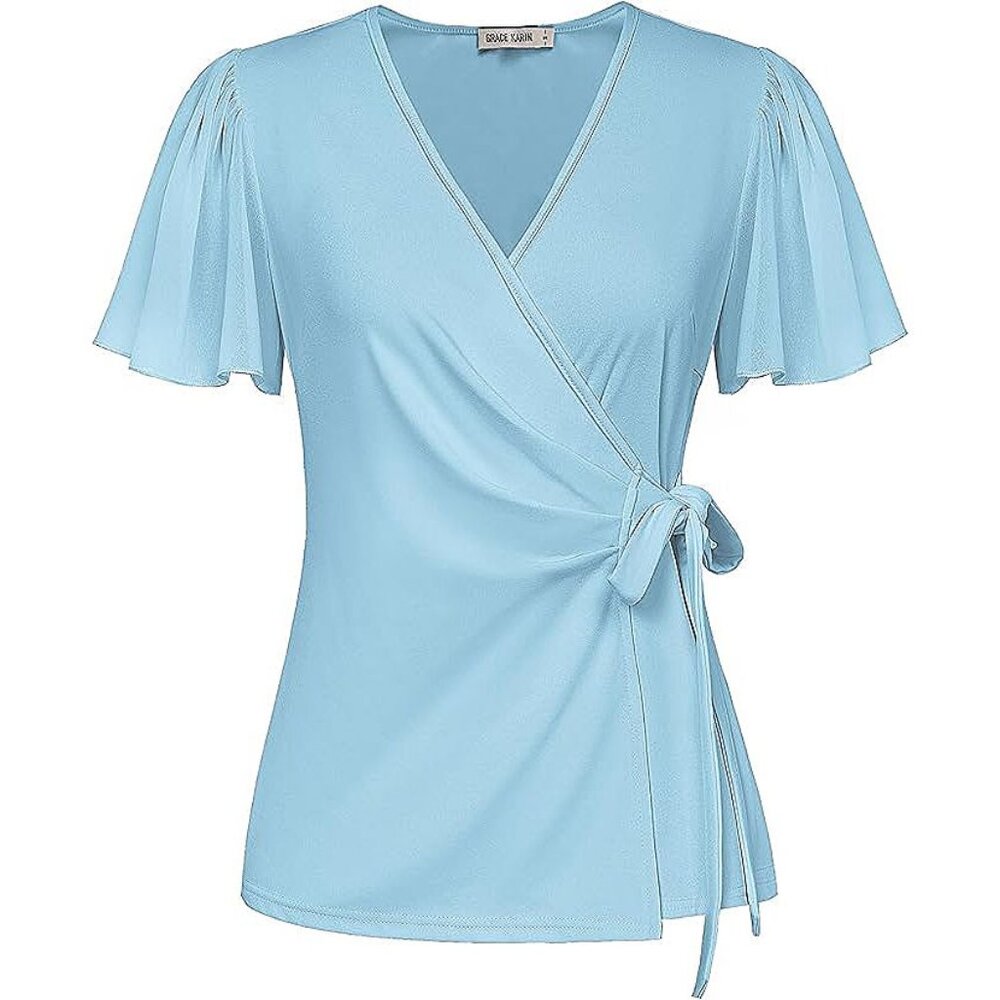 2025 Womens Summer Tops Dressy Business Casual Chiffon Short Sleeve
